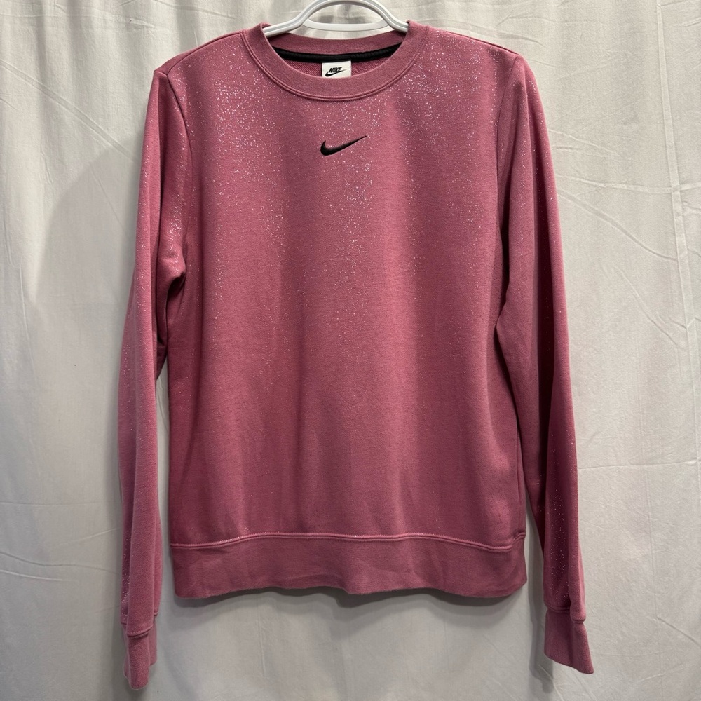Nike Pink Glitter Sparkly Sweatshirt “Stardust” Crewneck Swoosh Logo Sz Small